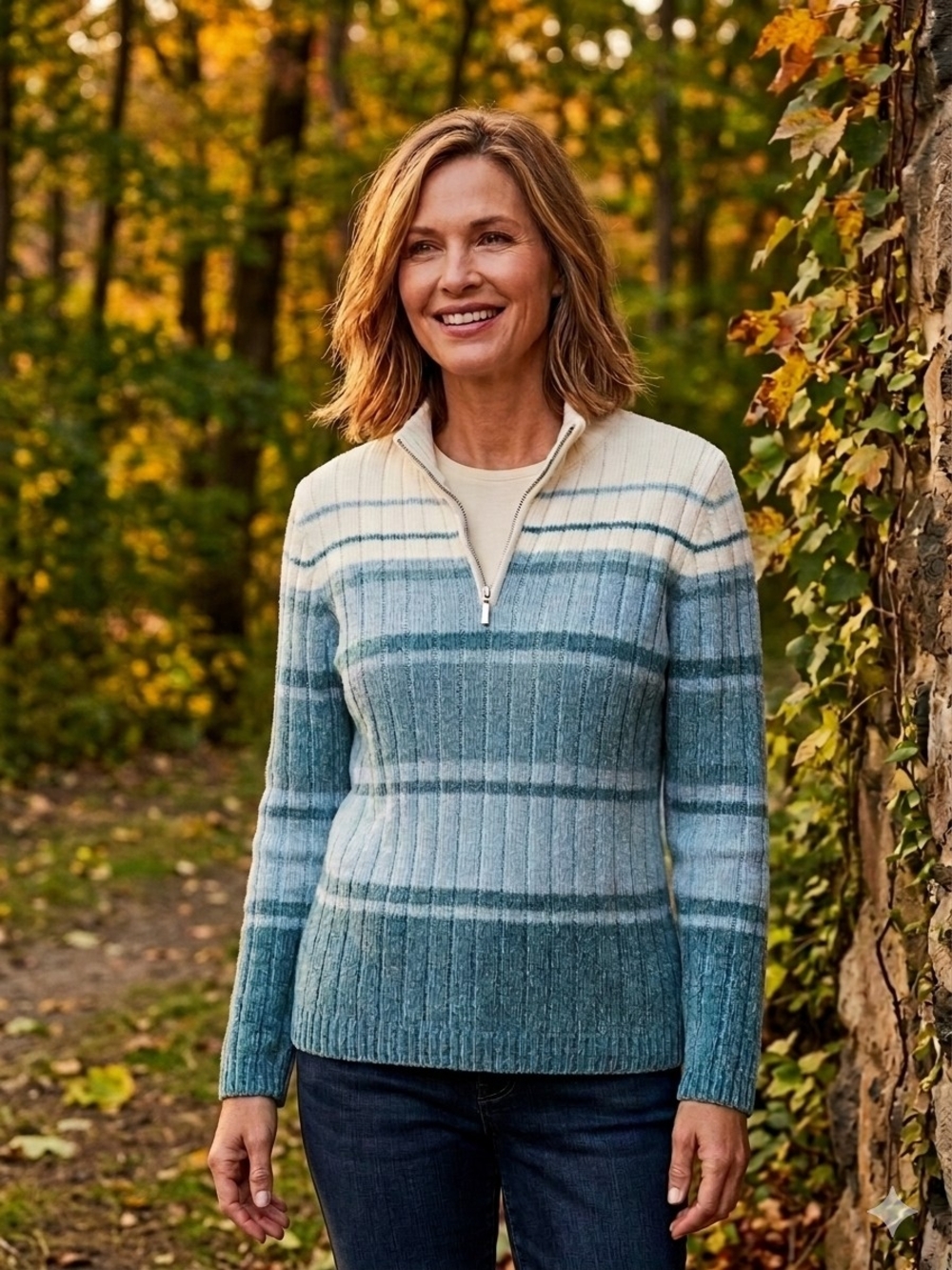 Alfred Dunner Blue & Cream Striped Ribbed Half-Zip Sweater